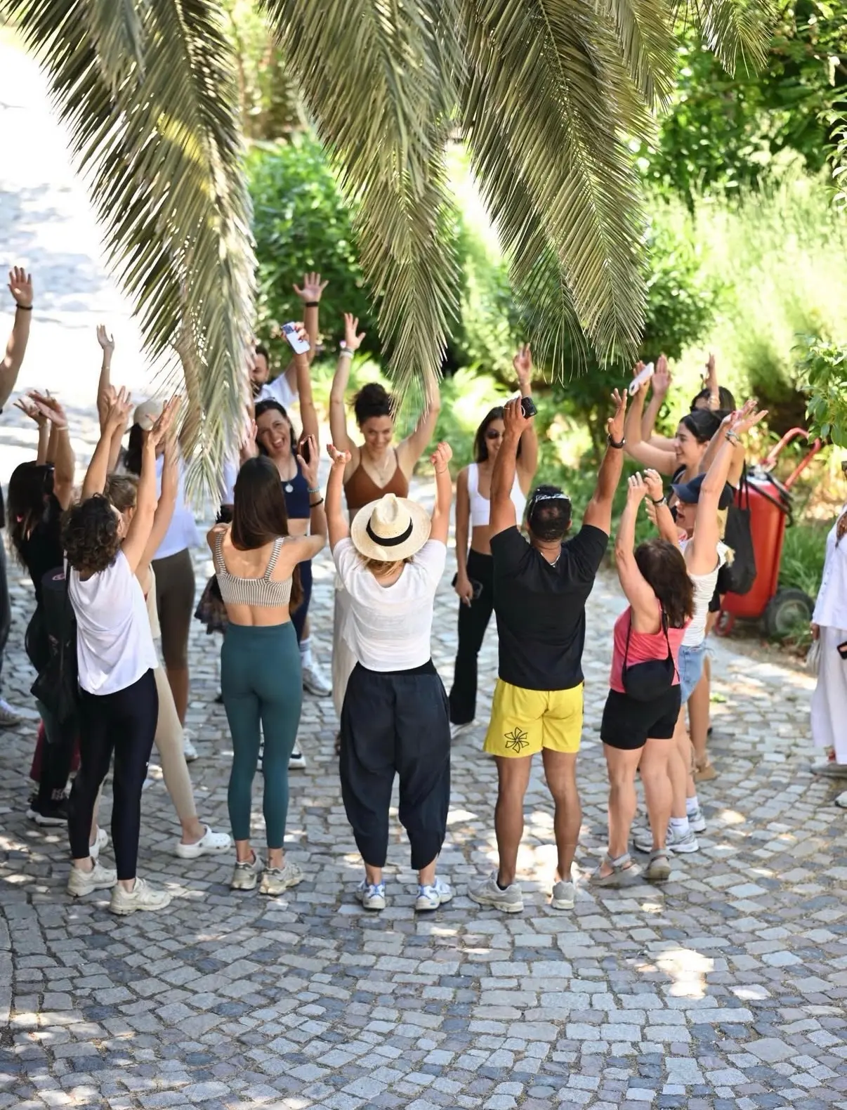 Retreat guests on the cobblestone path at Çeşmeköy with arms raised beneath palm fronds